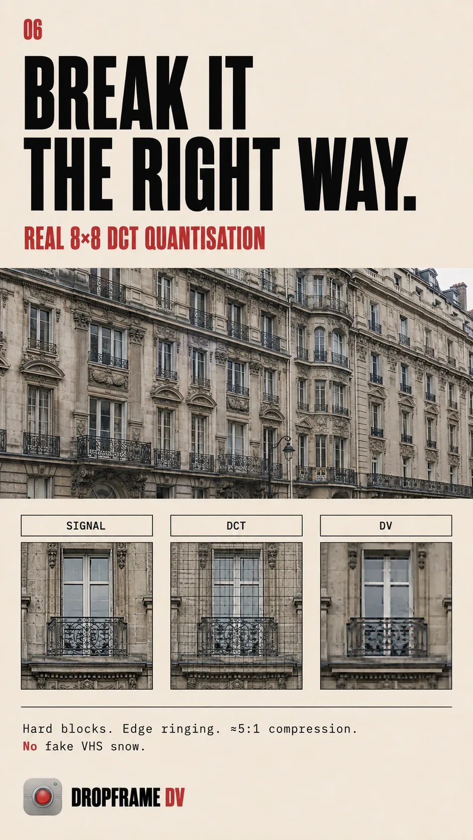 Real 8×8 DCT quantisation — hard blocks and edge ringing across dense architectural detail