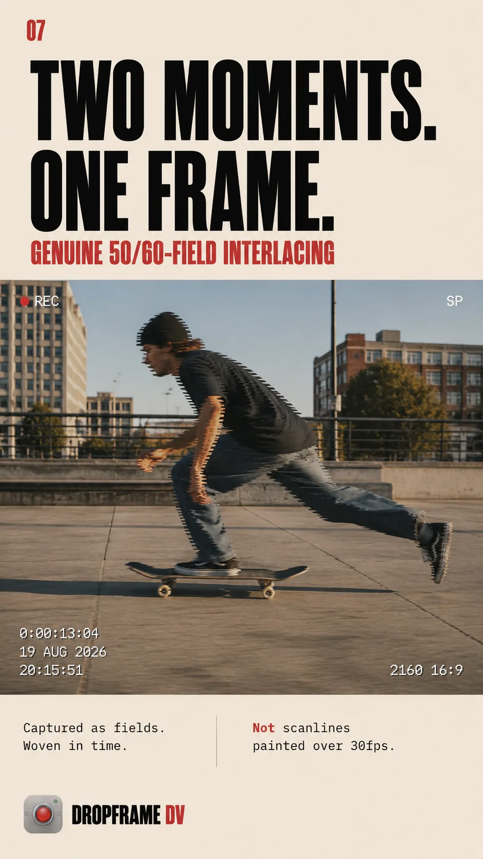 Genuine 50 and 60 field interlacing — a skateboarder woven from two moments in a single frame